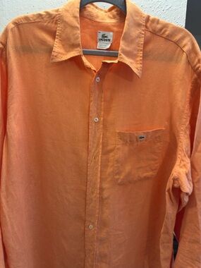 Lacoste Men's Orange Long-Sleeve Button-Down Linen Shirt